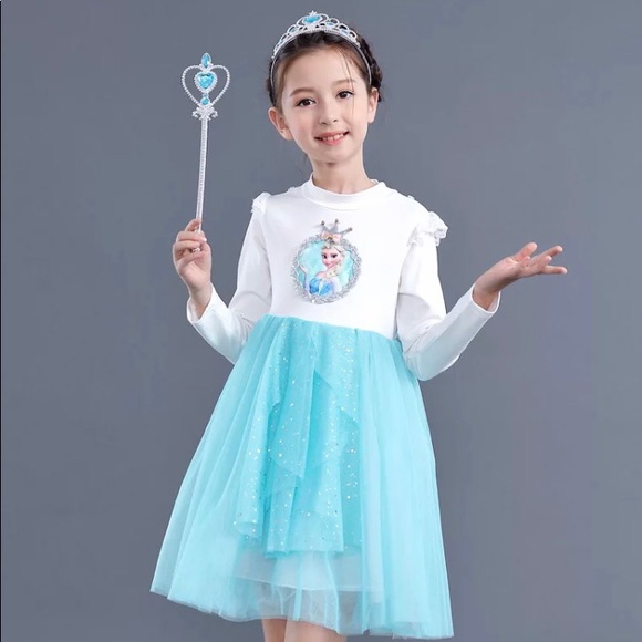 Elsa Long Sleeve Blue Sparkly Cute Dress - Picture 3 of 8